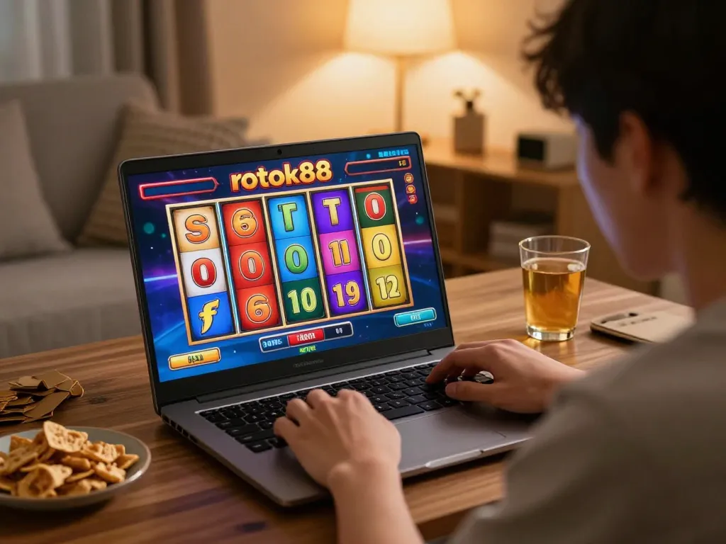 Player engaged in rokok88 slot game on laptop, highlighting immersive online gaming experience.