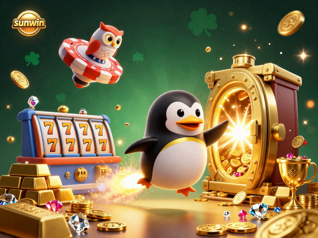 Spin to win with sunwin in a vibrant casino-themed scene featuring a golden penguin and slot reels.