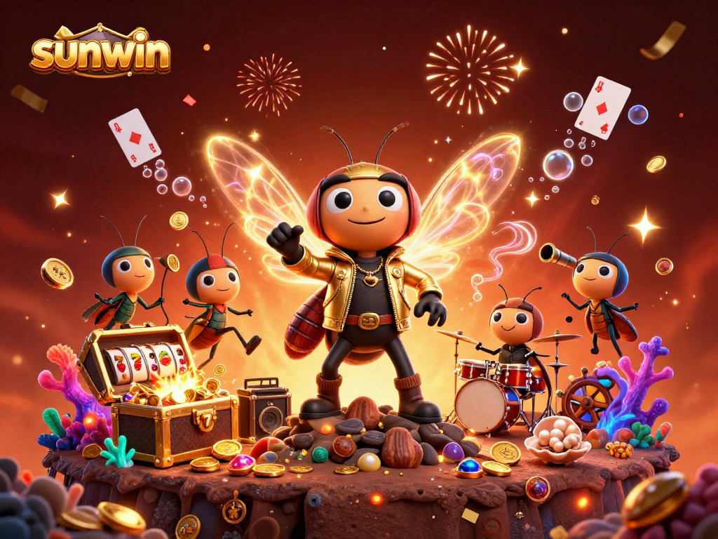 Engage with the vibrant scene of sunwin featuring a cicada rock star and casino elements bursting with excitement.