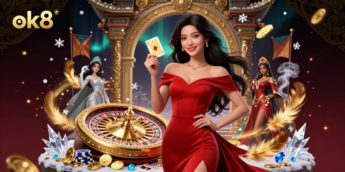 Experience the thrill of ok8 with a stunning casino illustration featuring a beautiful woman, roulette, and vibrant elements.