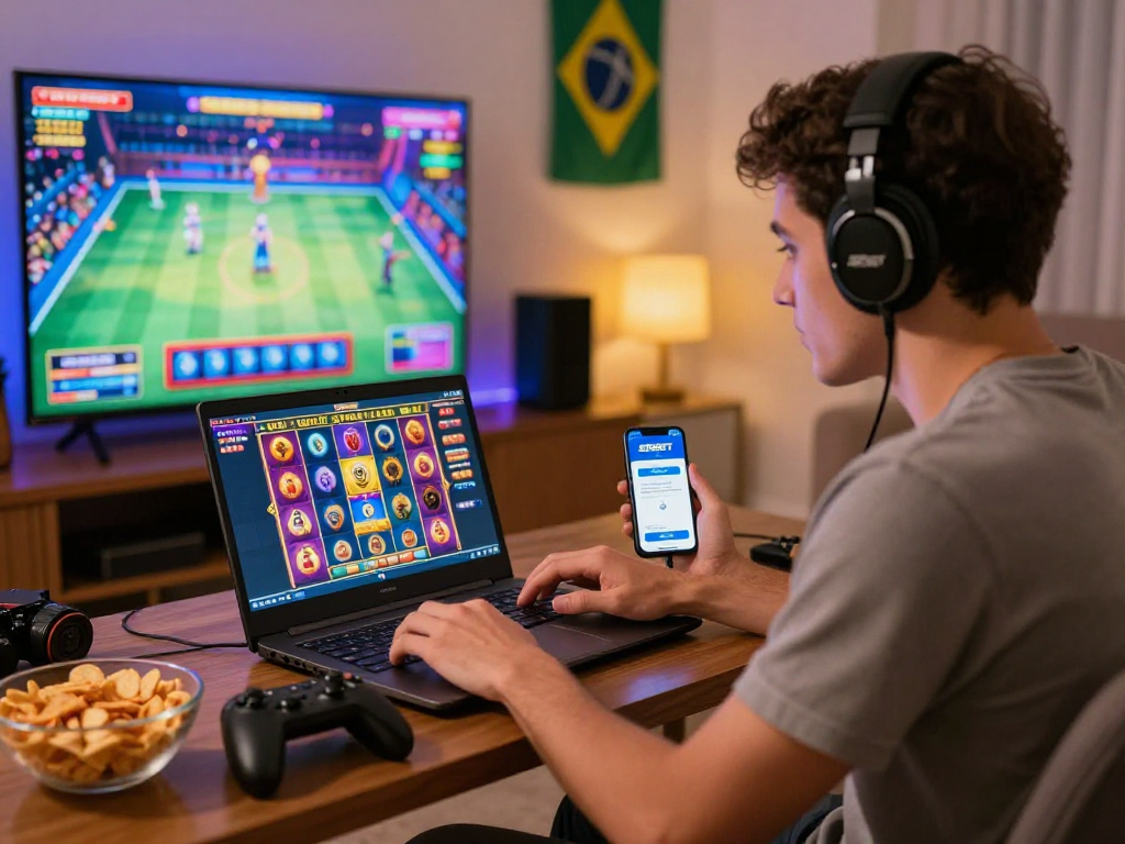 Jogador da SPBET jogando em casa, excitante ambiente de jogos online com slots coloridos.