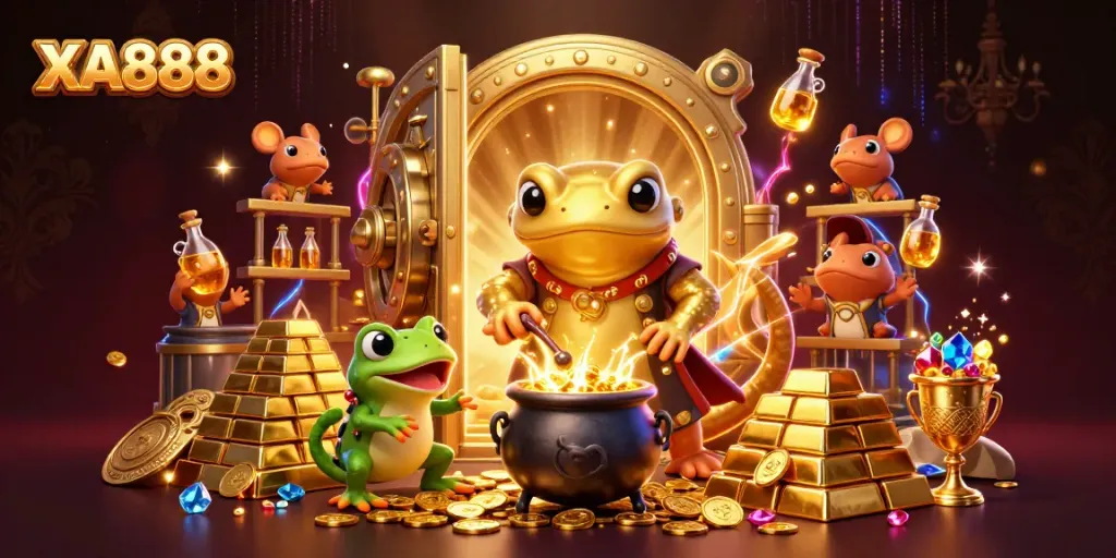 Experience the excitement of XA888 with 3D cartoon characters transmuting gold in an enchanting casino setting.