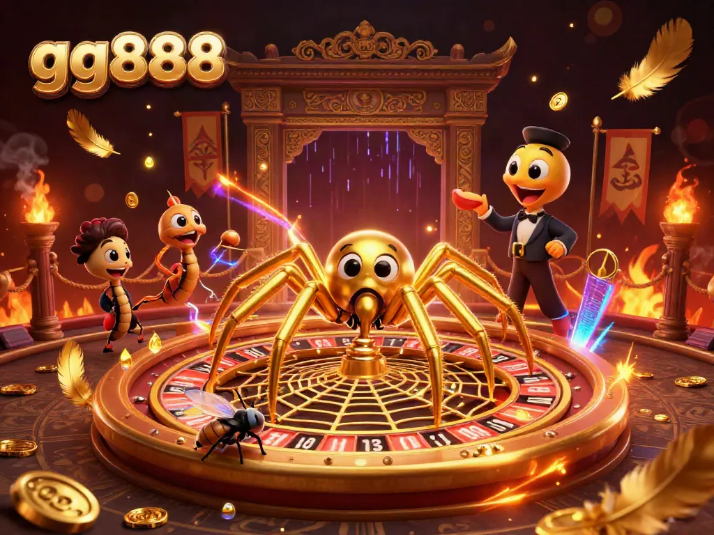 Place bets at gg888's lively casino scene with golden spider and centipede croupier.