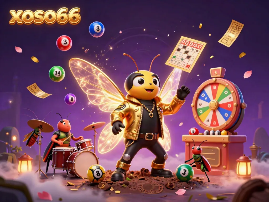 Experience thrilling lottery excitement with xoso66, featuring a vibrant 3D illustration of colorful lottery elements and musical characters.