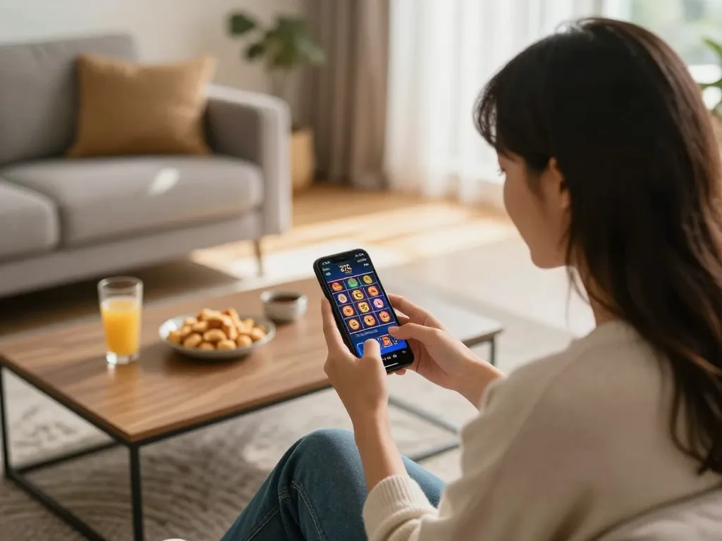 Playing on the 27G casino app with engaging slots in a cozy home setting.