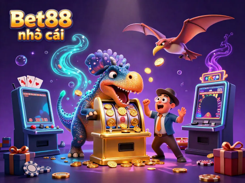 Experience Bet88 nhà cái with cartoon dinosaurs winning jackpots in a vibrant, engaging casino scene.