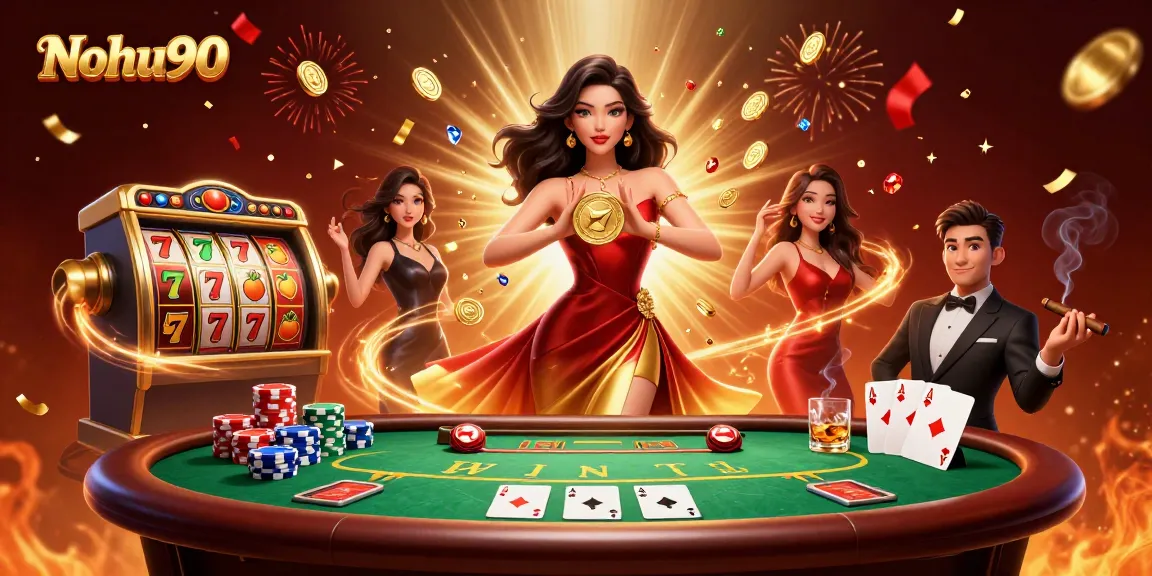 Nohu90's exciting casino illustration featuring a beautiful woman celebrating wins with golden coins raining down.