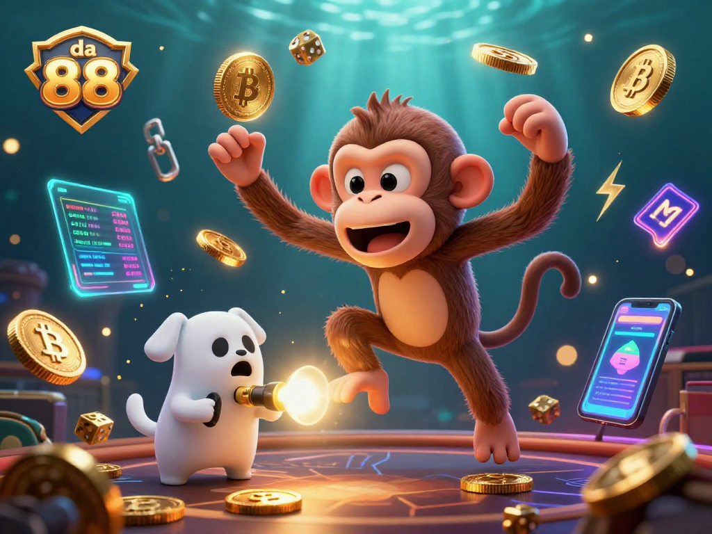 Engage with the vibrant da 88 gaming scene featuring a poltergeist monkey and ghost-hunter puppy in a lively casino.