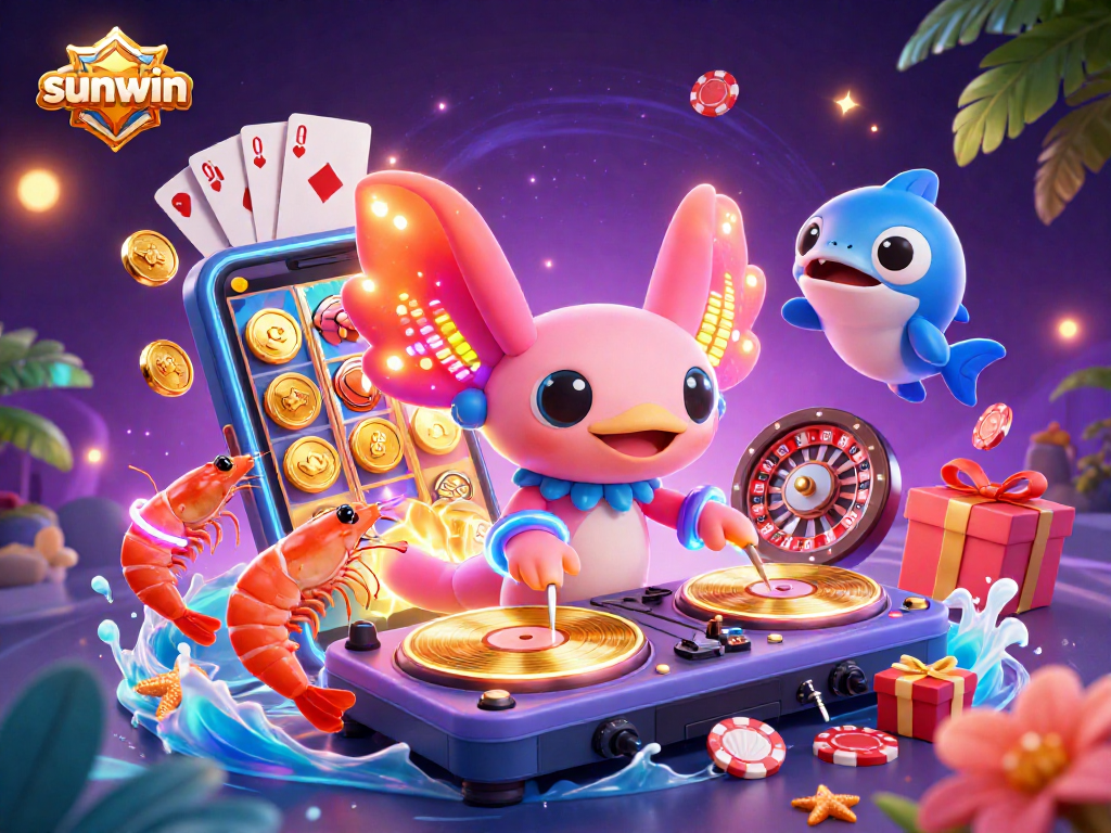 Engage with sunwin's vibrant gaming scene featuring a DJ axolotl and dancing characters.