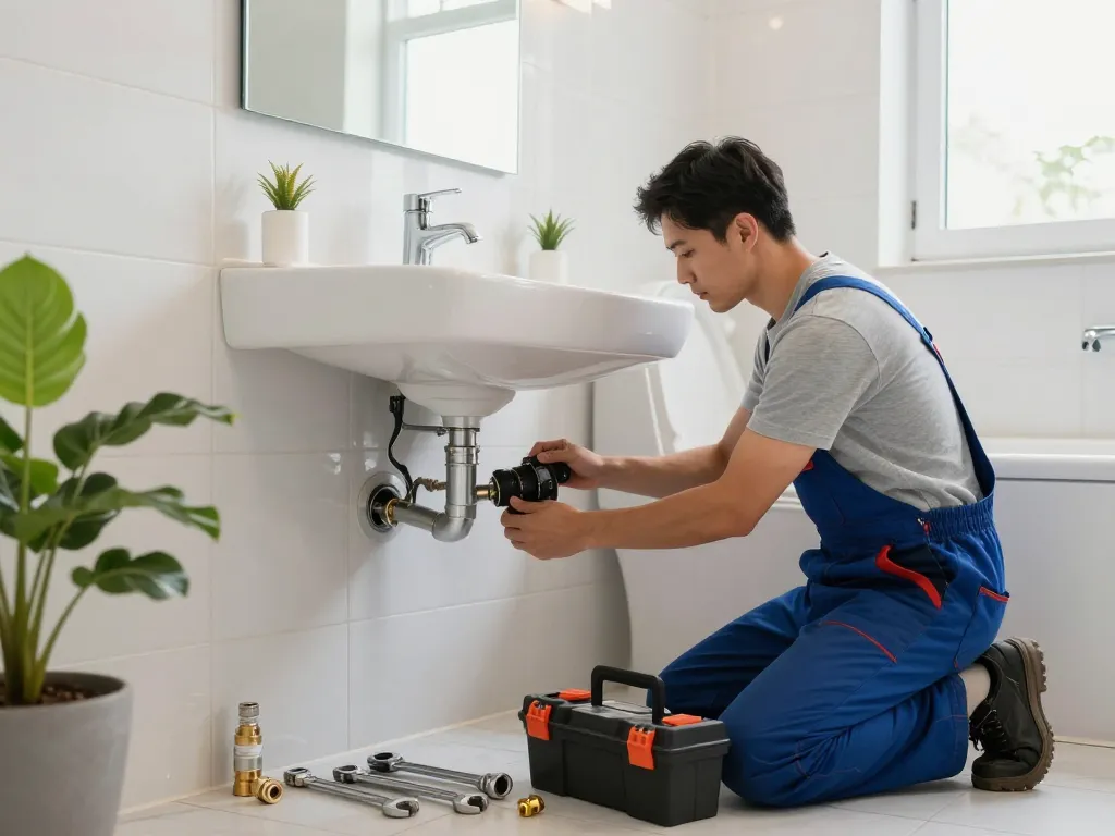 Plumber performing installation work with tools in modern bathroom setting, showcasing Encanador expertise.