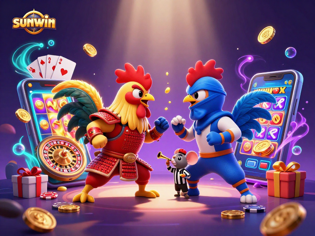 Sunwin showcases an action-packed casino scene with rooster warriors and dynamic slot games.