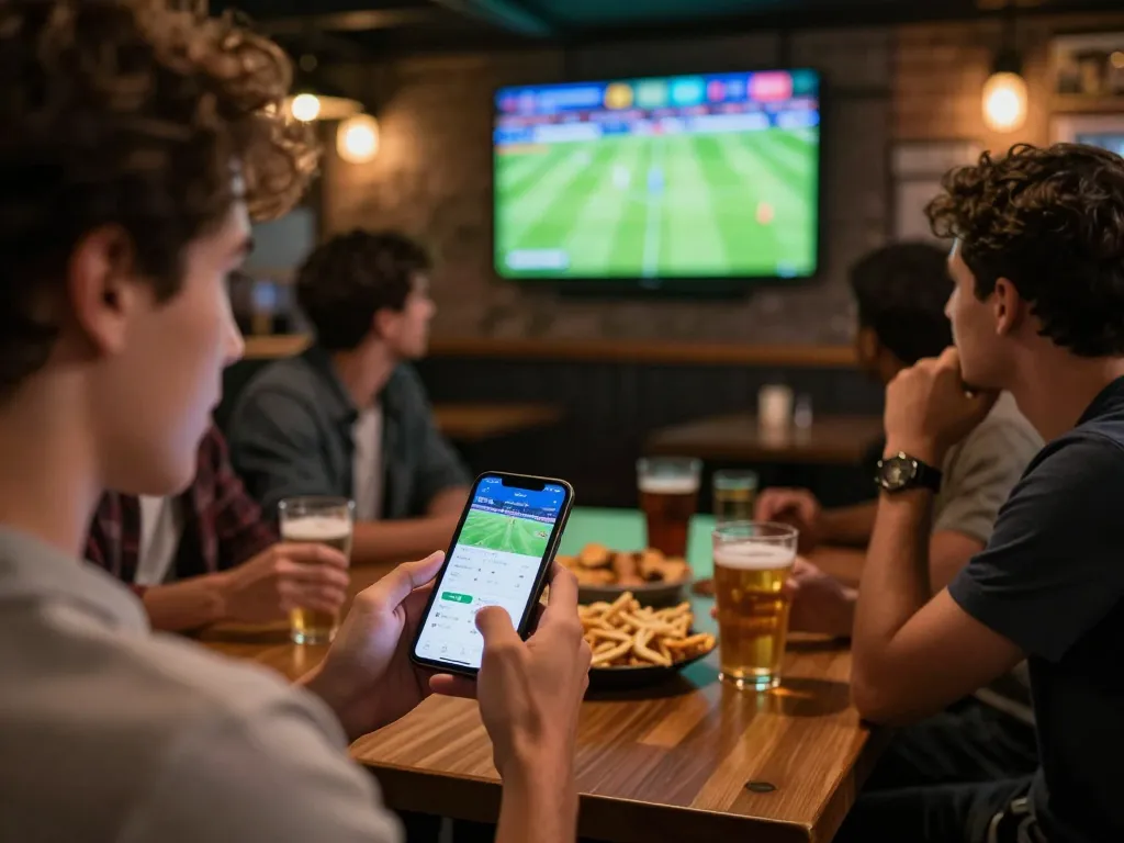 Soccer fans engage in sports betting using a smartphone at a lively sports bar, showcasing trang cá cược bóng đá excitement.