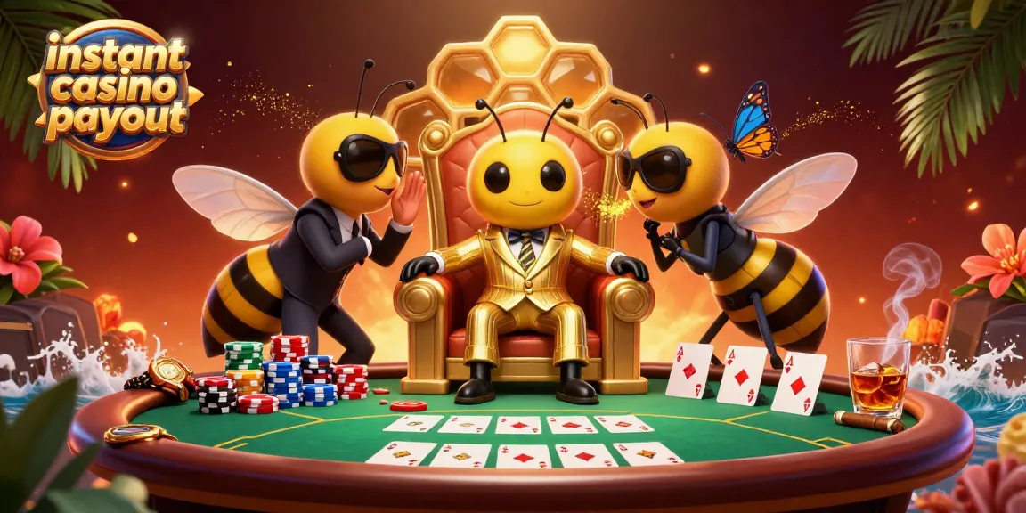 Experience instant casino payout with an immersive cartoon scene featuring a bumblebee mob boss and poker elements.