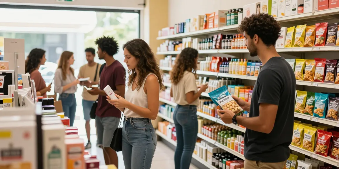Shoppers exploring various Produtos in a bright, inviting retail space.