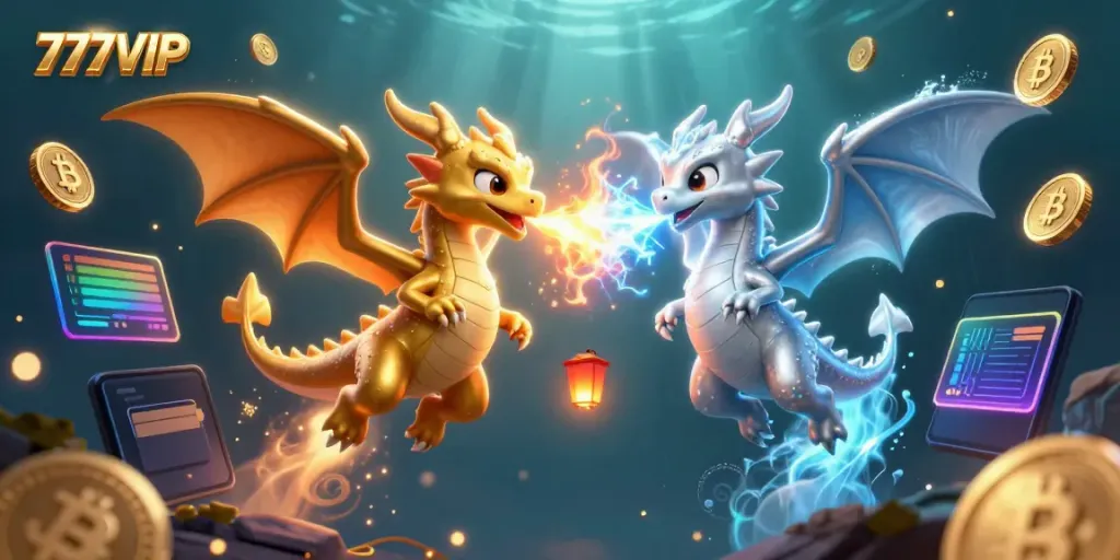 Experience the excitement of 777VIP with dynamic dragons breathing fire and ice in this vibrant casino scene.