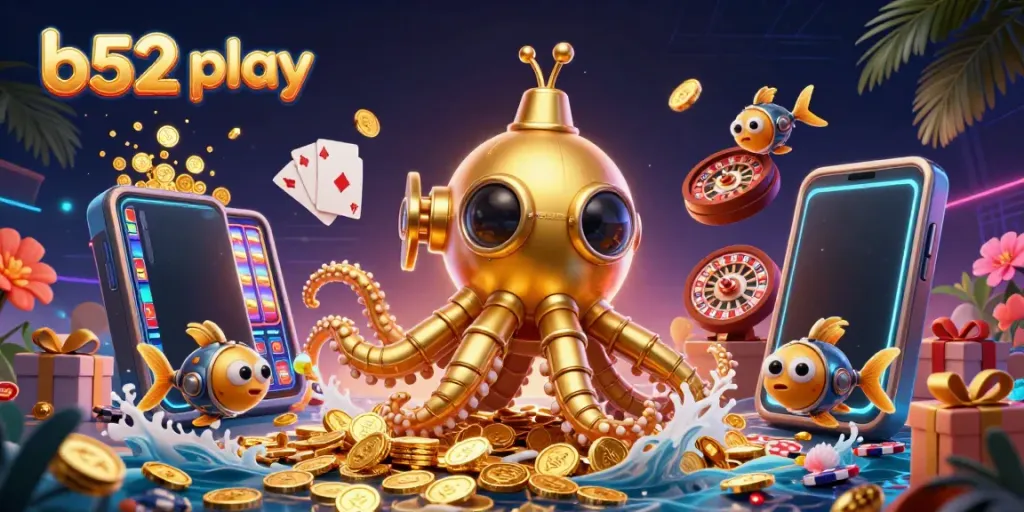 B52 play brings thrilling casino excitement with a kraken submarine amidst golden coins and vibrant game elements.