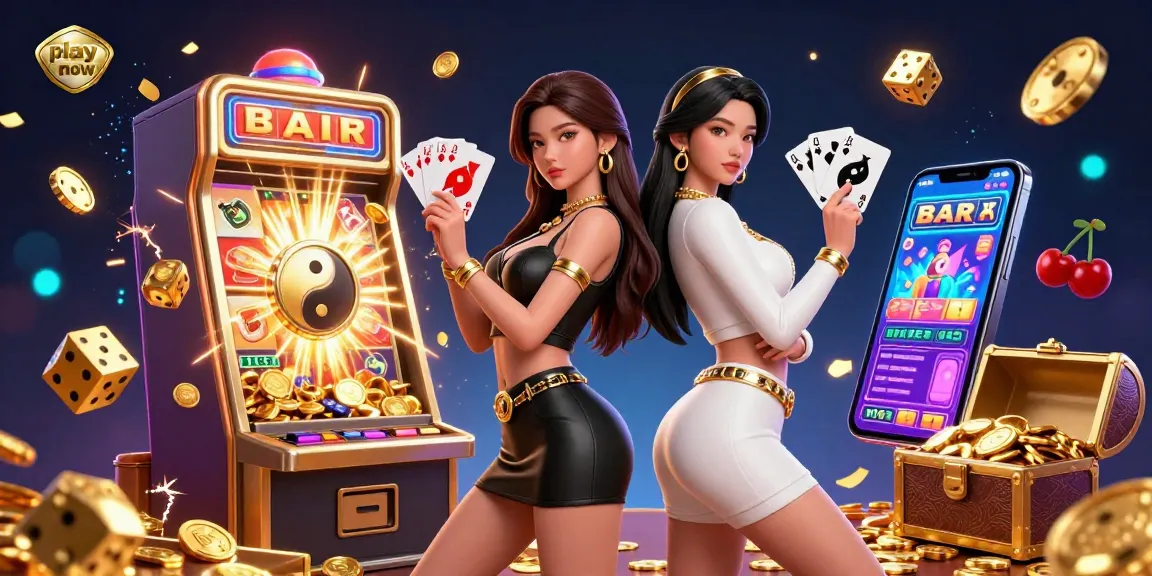 Engage and play now in this vibrant 3D illustration of a casino scene with twin champions and dynamic gaming elements.