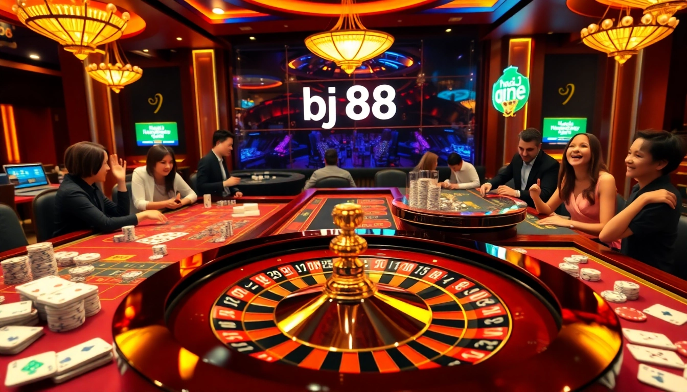 Excited players engaging in casino games at nhà cái bj88 with a vibrant roulette wheel.