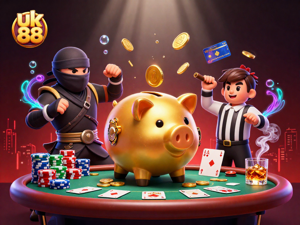 Engage in thrilling moments at uk 88 with a golden piggy bank sumo wrestler amidst poker excitement.
