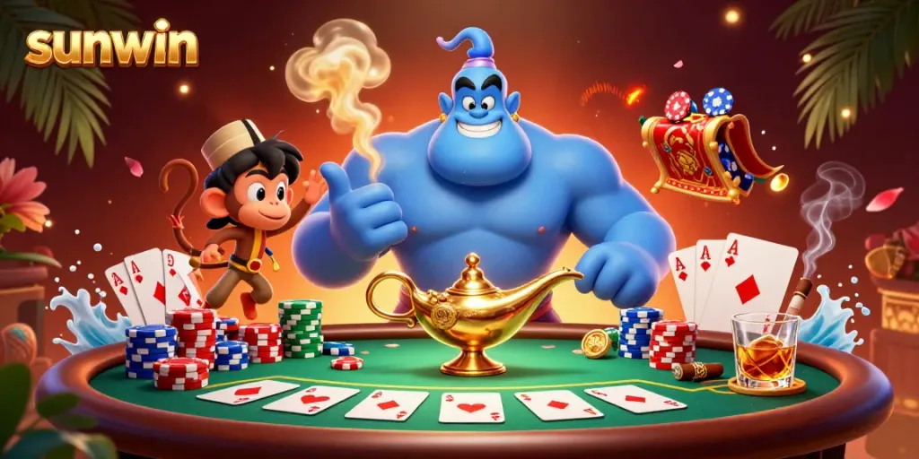 Engage in thrilling gameplay at Sunwin with captivating casino visuals featuring a magical genie and poker action.