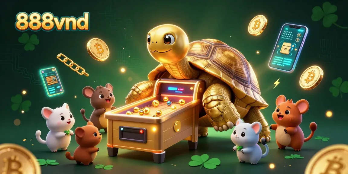 Engage with 888vnd's thrilling digital casino scene featuring a lively golden tortoise alongside dynamic crypto elements.