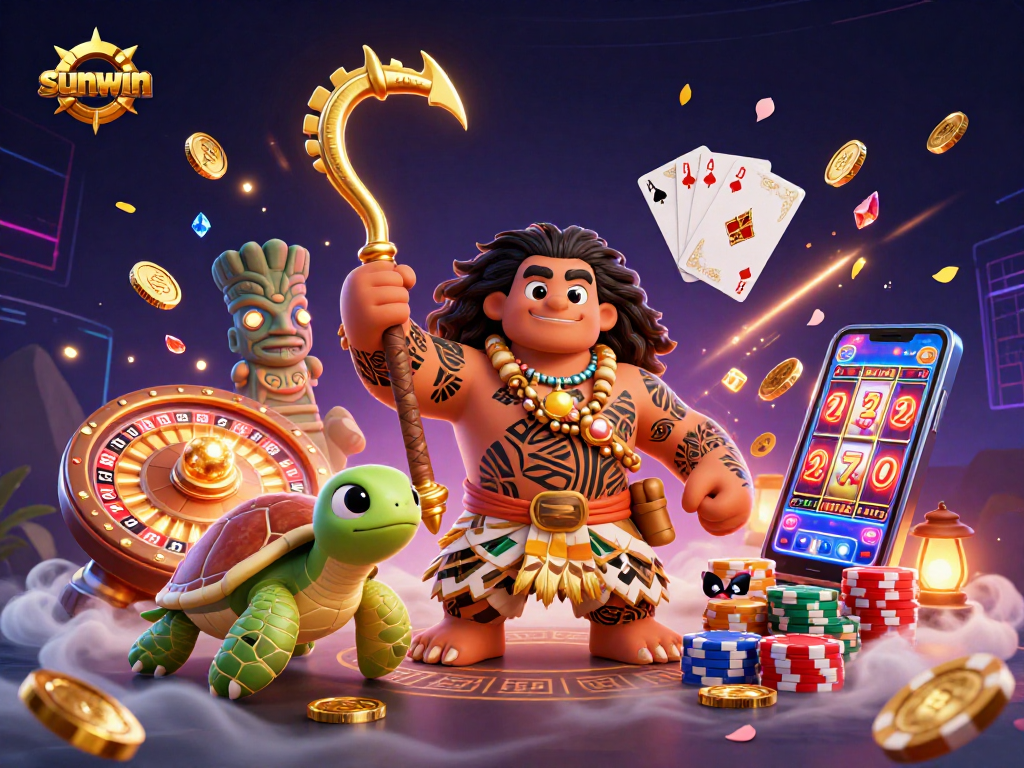 Engage with the sunwin gaming world alongside a demigod hawk, spinning roulette, and vibrant poker chips.