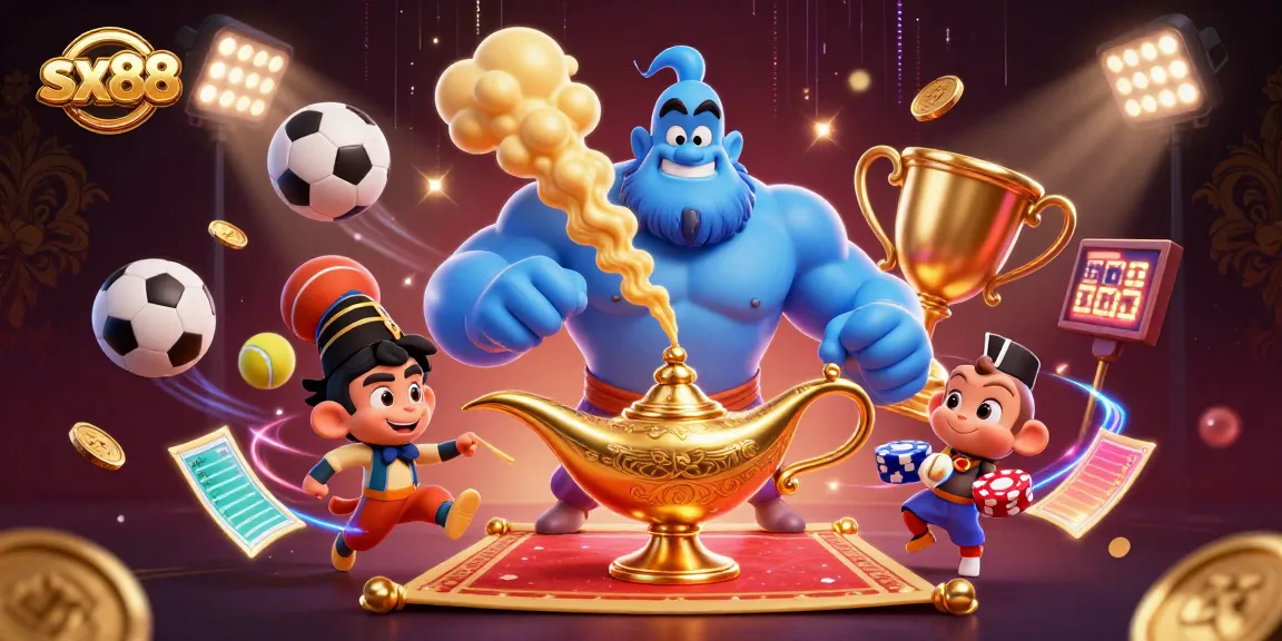 Experience the excitement of sx88 with a vibrant 3D casino scene featuring a genie, poker chips, and sports elements.