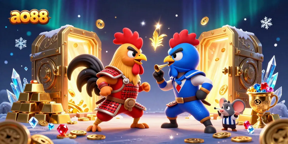 Engaging gameplay action at ao88 as cartoon roosters vie for treasure in an exciting online casino scene.