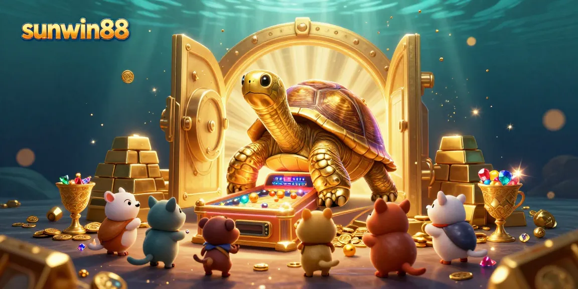 Experience the excitement of sunwin88 with a vibrant illustration featuring a colossal tortoise and treasure elements.
