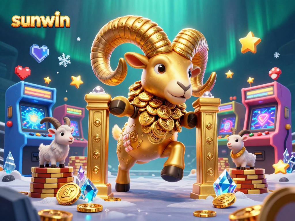 Engage with sunwin as a golden ram charges through arcade machines in a vibrant casino scene.