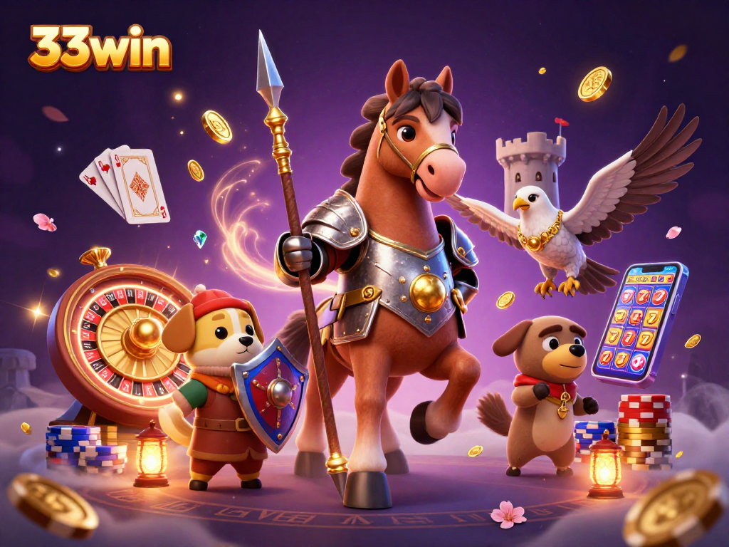 Engage with 33win's medieval-themed gambling scene featuring knights, coins, and cards.