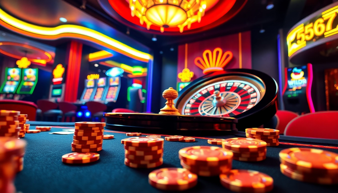 Experience high-stakes action at L567 casino with vibrant slot machines and poker elements.