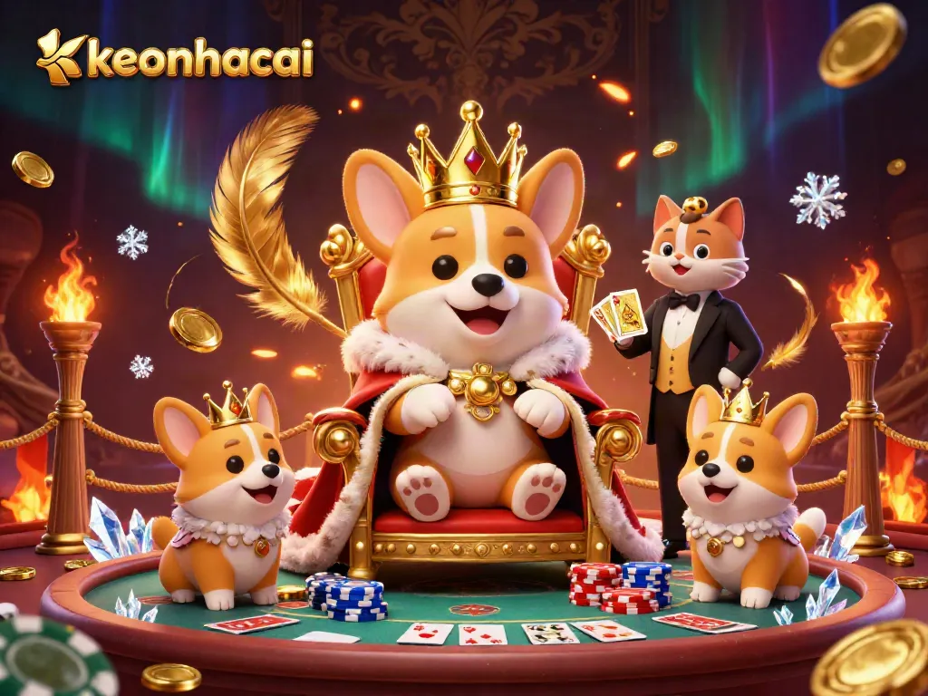 Corgis representing keonhacai gather around poker elements in a dynamic casino scene.