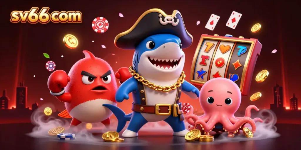 Engage with sv66 com as a vibrant pirate-themed casino scene showcasing dynamic gaming elements and fun characters.