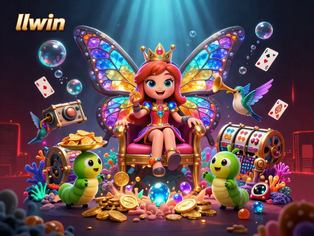 Experience llwin thrill with an enchanting illustration of a butterfly queen in a dynamic casino scene.