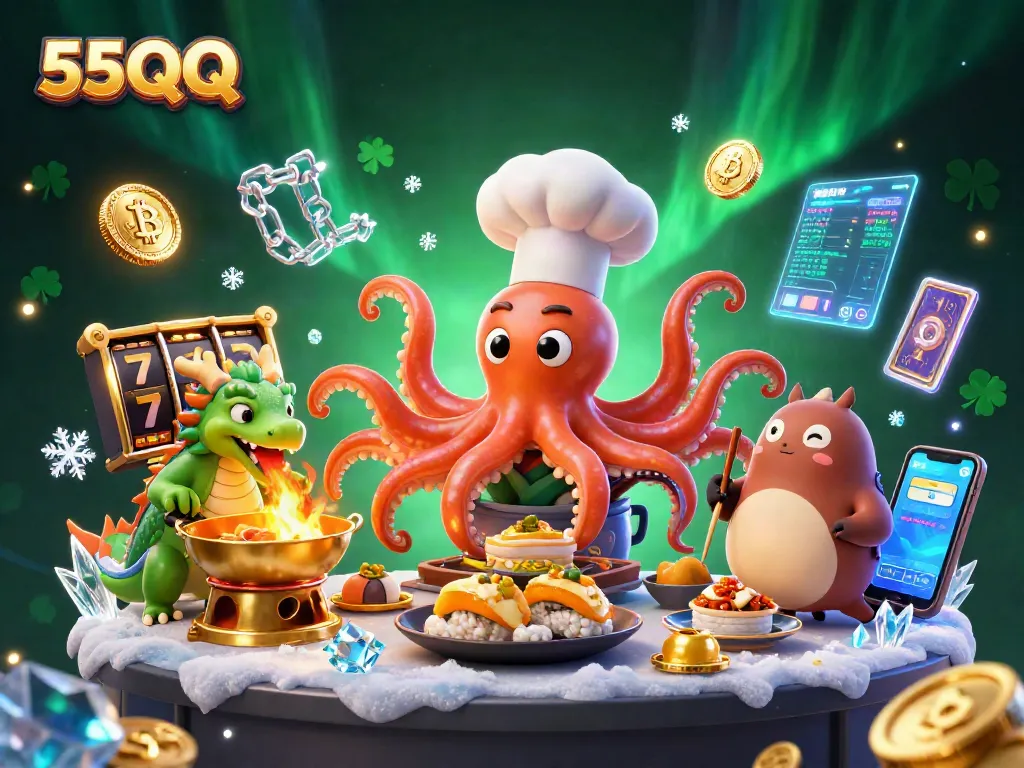 Experience thrilling gameplay at 55QQ with a vibrant illustration showcasing a sushi chef octopus and more.