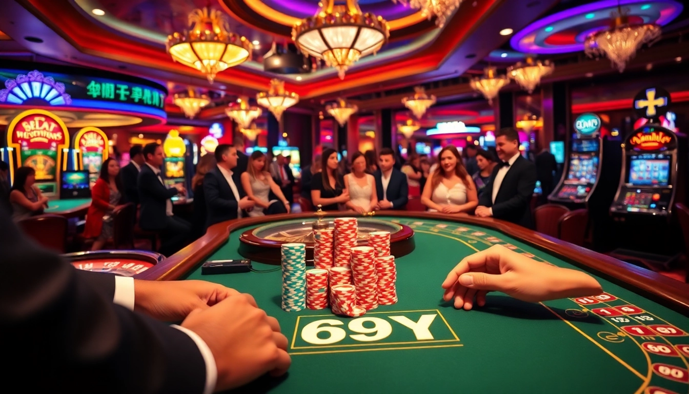 Ação de jogo exibindo fichas de pôquer 69Y sobre uma mesa de cassino de luxo, capturando a emoção de vencer.