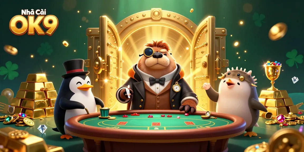 Play at Nhà Cái OK9 with a jolly walrus and friends in a vibrant underwater poker scene.