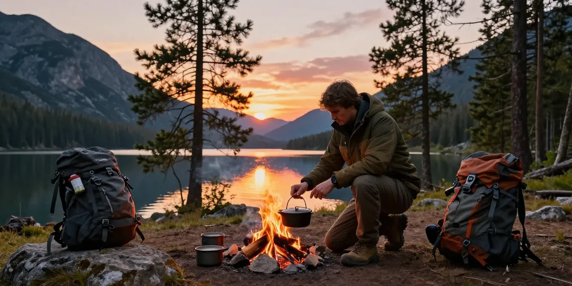 Experience rokok88 super adventure gear at sunset camping scene with outdoor gear, cast iron cookware, and breathtaking landscape.
