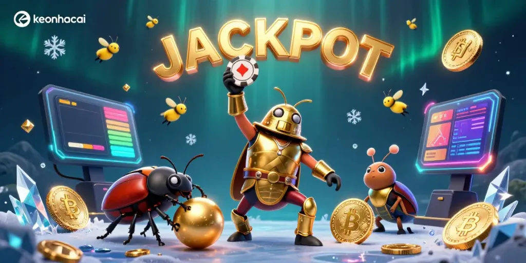 Engage with keonhacai by watching a victorious beetle holding a poker chip, surrounded by vibrant crypto elements.