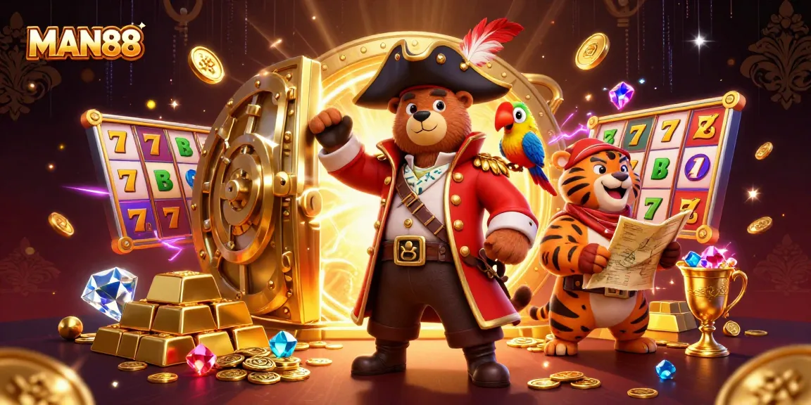Experience thrilling gameplay with MAN88 as animated pirate characters reveal a treasure-filled casino.
