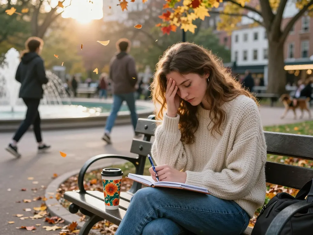 Young woman reflecting on her crush on a bench in a city park during autumn.