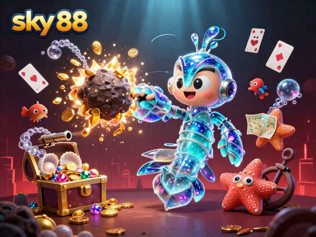 Engage in thrilling action at sky 88 as the mantis shrimp shatters asteroids, igniting gems and coins.
