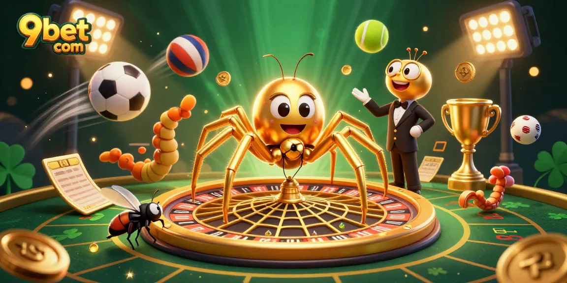 Engage with 9bet com as a cartoon spider spins a golden roulette web, highlighting exhilarating betting action.