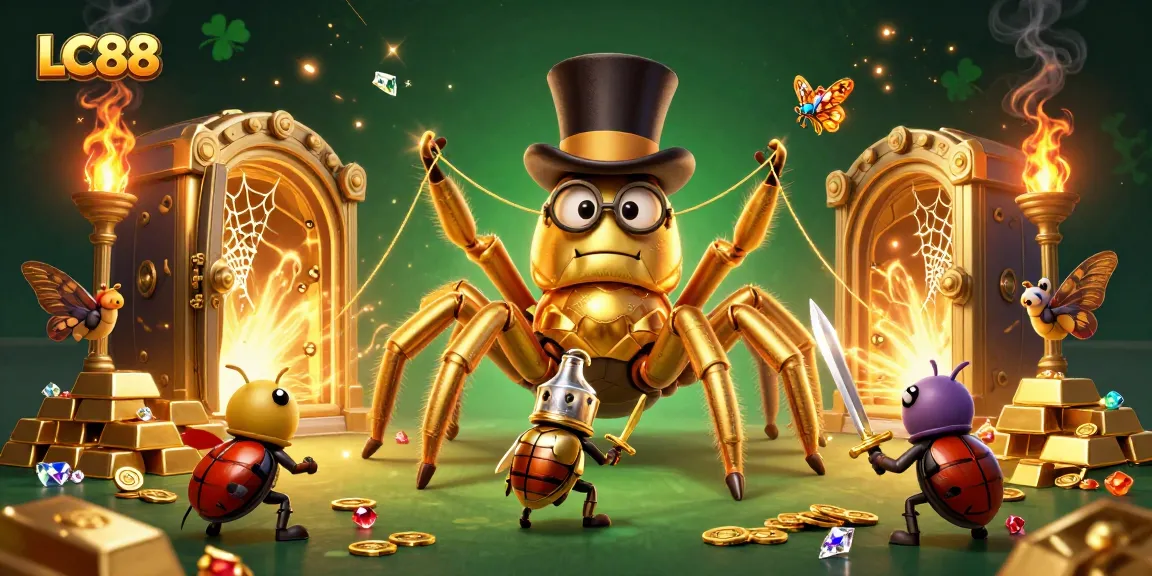 Engage with LC88's vibrant casino scene featuring a golden tarantula and treasures.