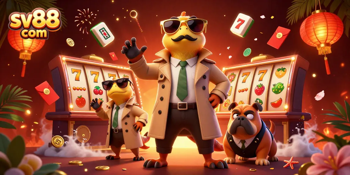 Engage with sv88 com through a lively casino scene featuring raptors and a bulldog bouncer.
