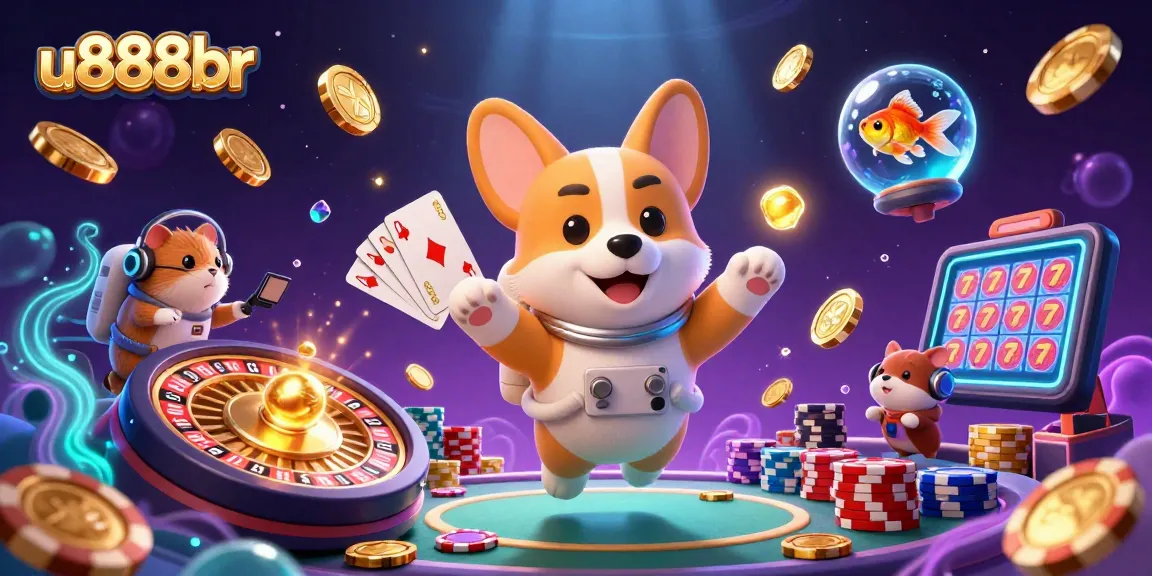 Spin into excitement with u888br as the corgi astronaut floats in a space casino, surrounded by coins and games.