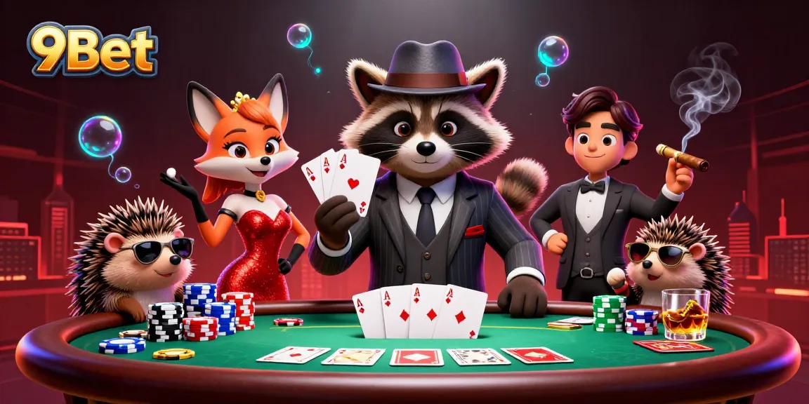 9Bet features a raccoon and fox at a vibrant poker table, showcasing a royal flush.