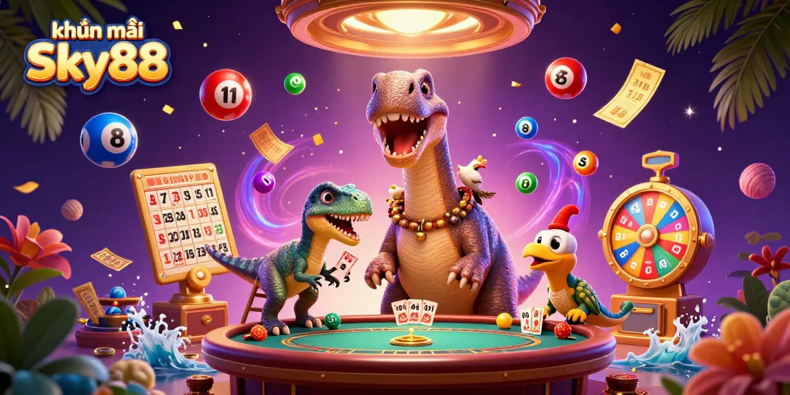 Engage with khuyến mãi Sky88 excitement featuring a playful casino scene with vibrant elements and characters.