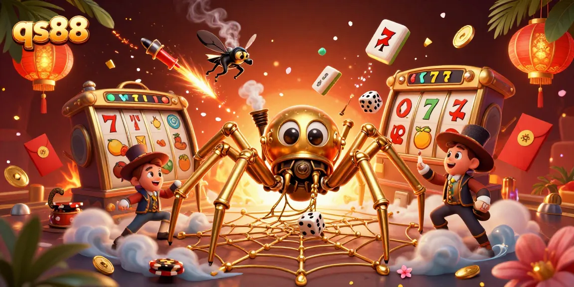 Engage in thrilling action with qs88 at this vibrant steampunk casino themed 3D illustration featuring dice and slot symbols.